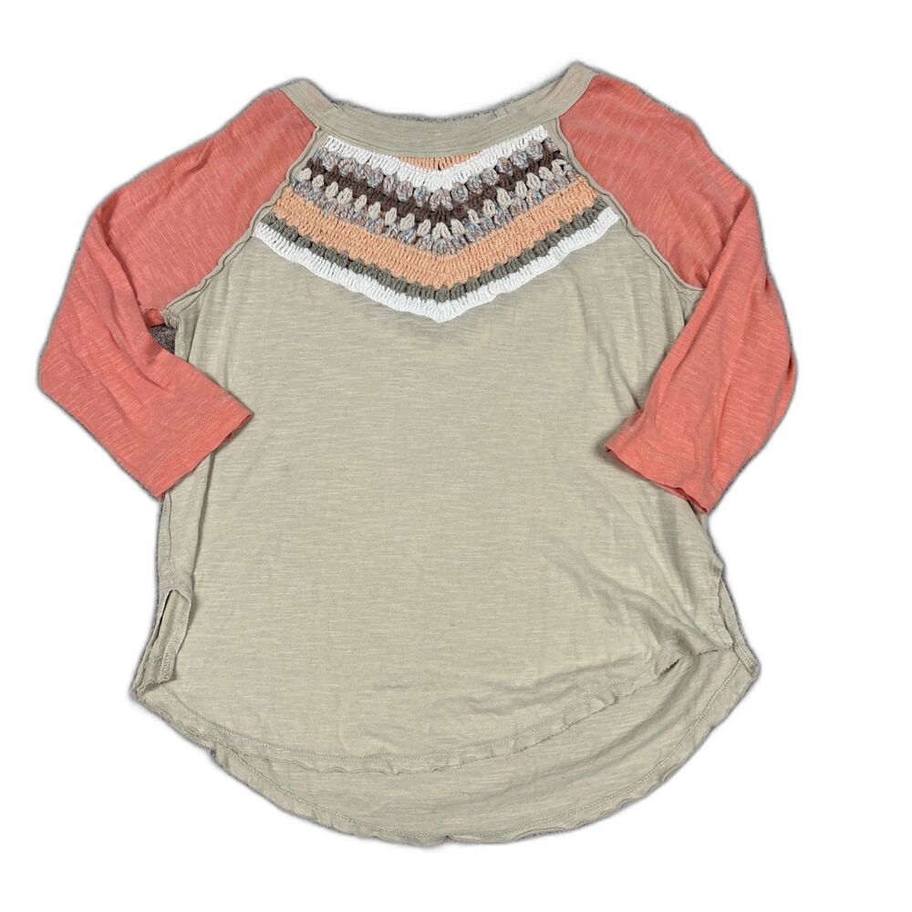 We The Free People Spring Bound Top Womens Small Crochet Paneled Shirt Beige